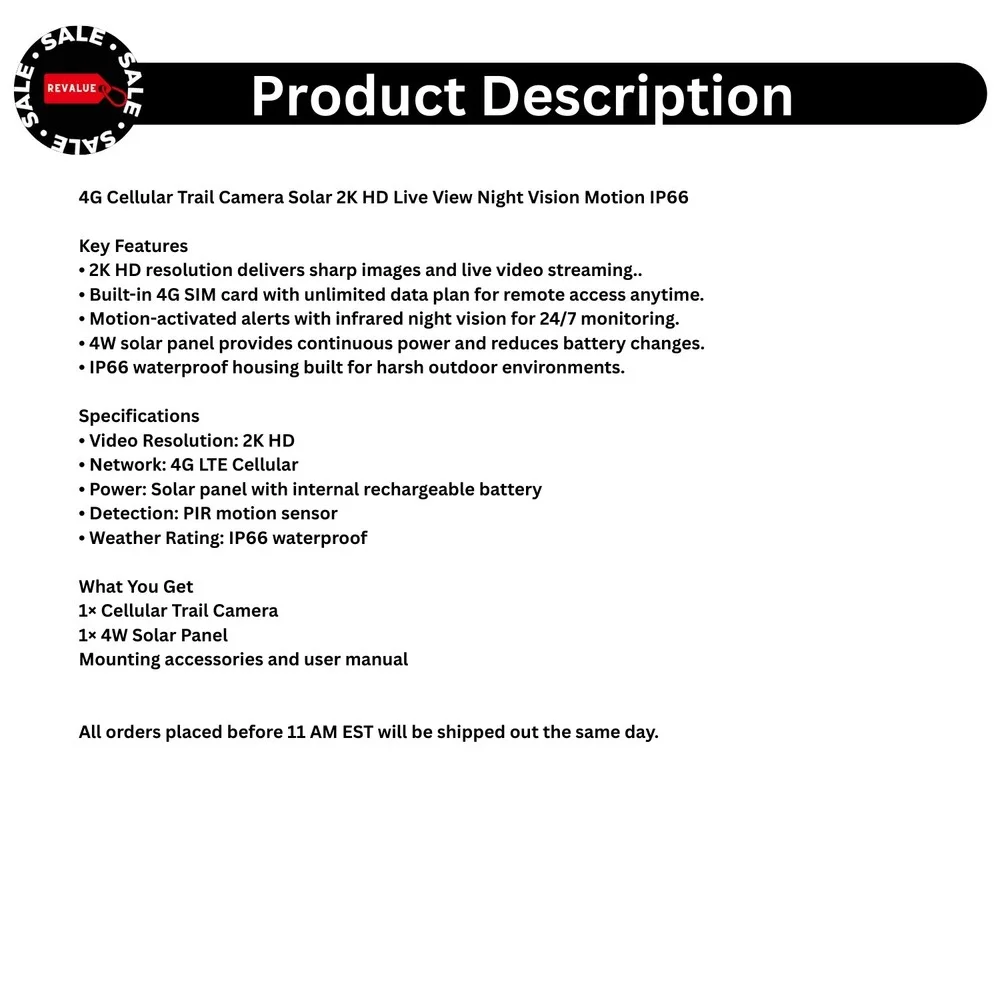 4G Cellular Trail‎ Camera Solar 2K HD Live View Night Vision Motion IP66